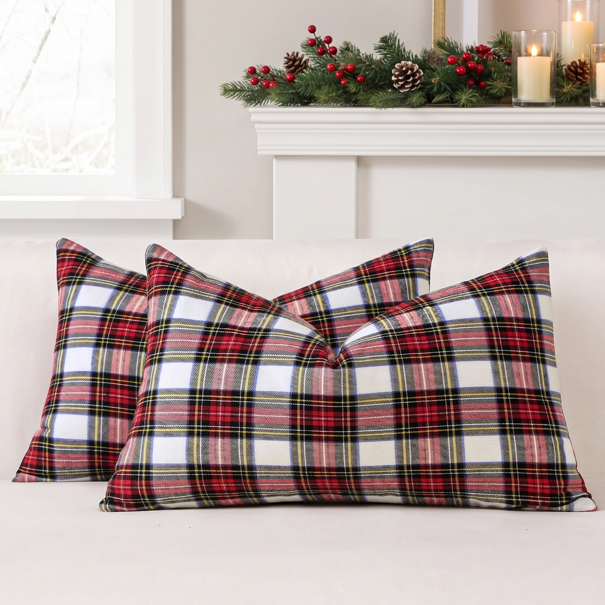 Tartan Plaid Christmas Cushion Cover – White – pattern and fabric close-up