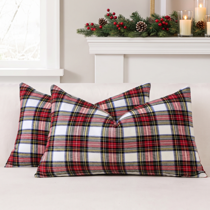 Tartan Plaid Christmas Cushion Cover – White – pattern and fabric close-up