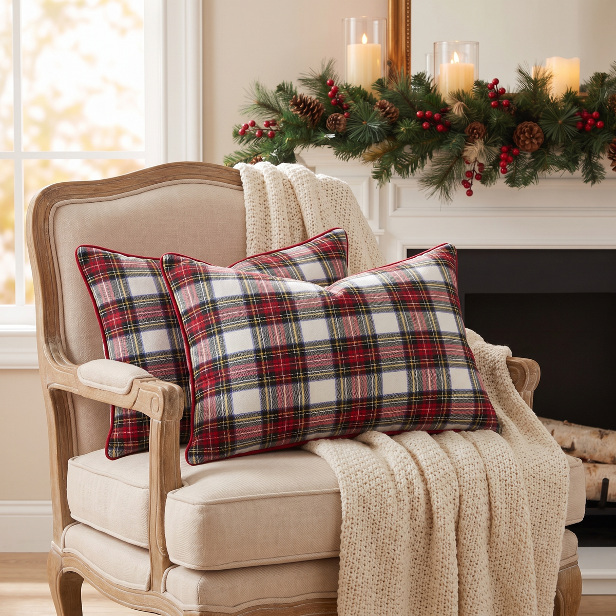 Tartan Plaid Christmas Cushion Cover – White – styled on an armchair