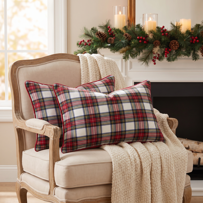 Tartan Plaid Christmas Cushion Cover – White – styled on an armchair