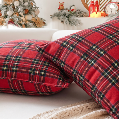 Tartan Plaid Christmas Cushion Cover – Red – pattern and fabric close-up