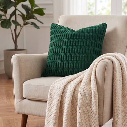 Boho Striped Corduroy Cushion Cover – Christmas Green – styled on an armchair