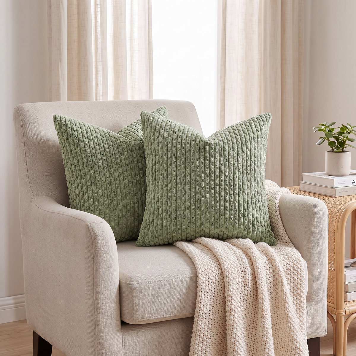 Boho Striped Corduroy Cushion Cover – Sage Green – styled on an armchair