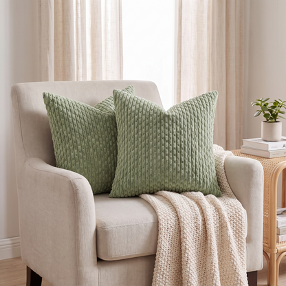 Boho Striped Corduroy Cushion Cover – Sage Green – styled on an armchair