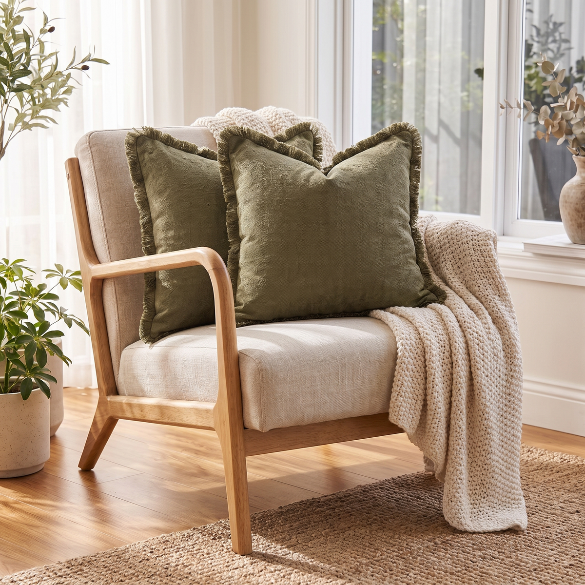 Boho Fringe Cotton Cushion Cover – Olive Green – styled on an armchair