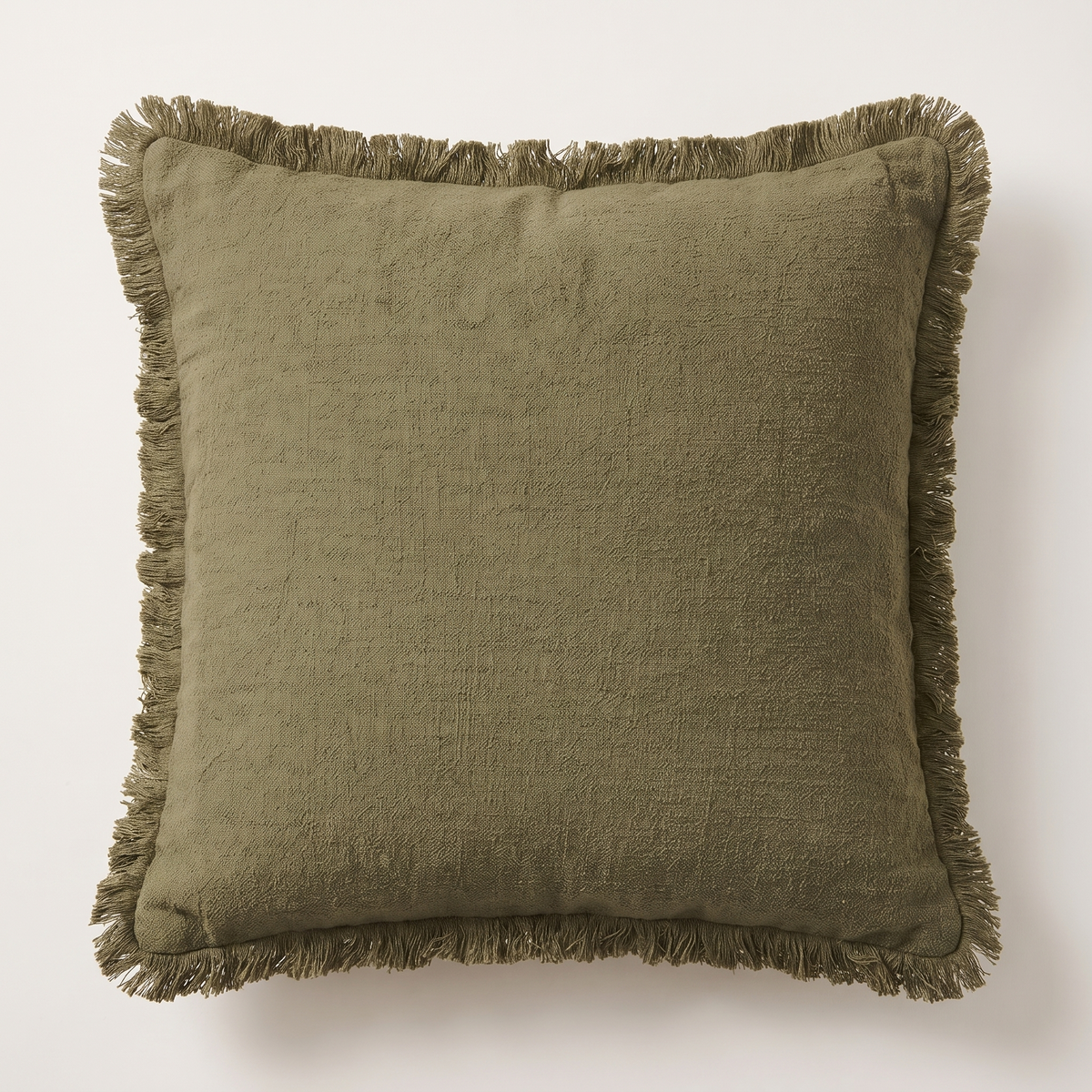 Boho Fringe Cotton Cushion Cover – Olive Green – front view