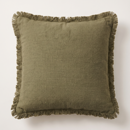 Boho Fringe Cotton Cushion Cover – Olive Green – front view