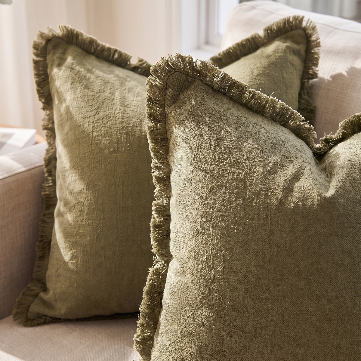Boho Fringe Cotton Cushion Cover – Olive Green – pattern and fabric close-up