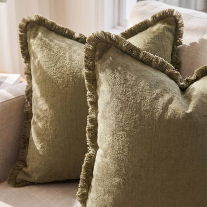 Boho Fringe Cotton Cushion Cover – Olive Green – pattern and fabric close-up