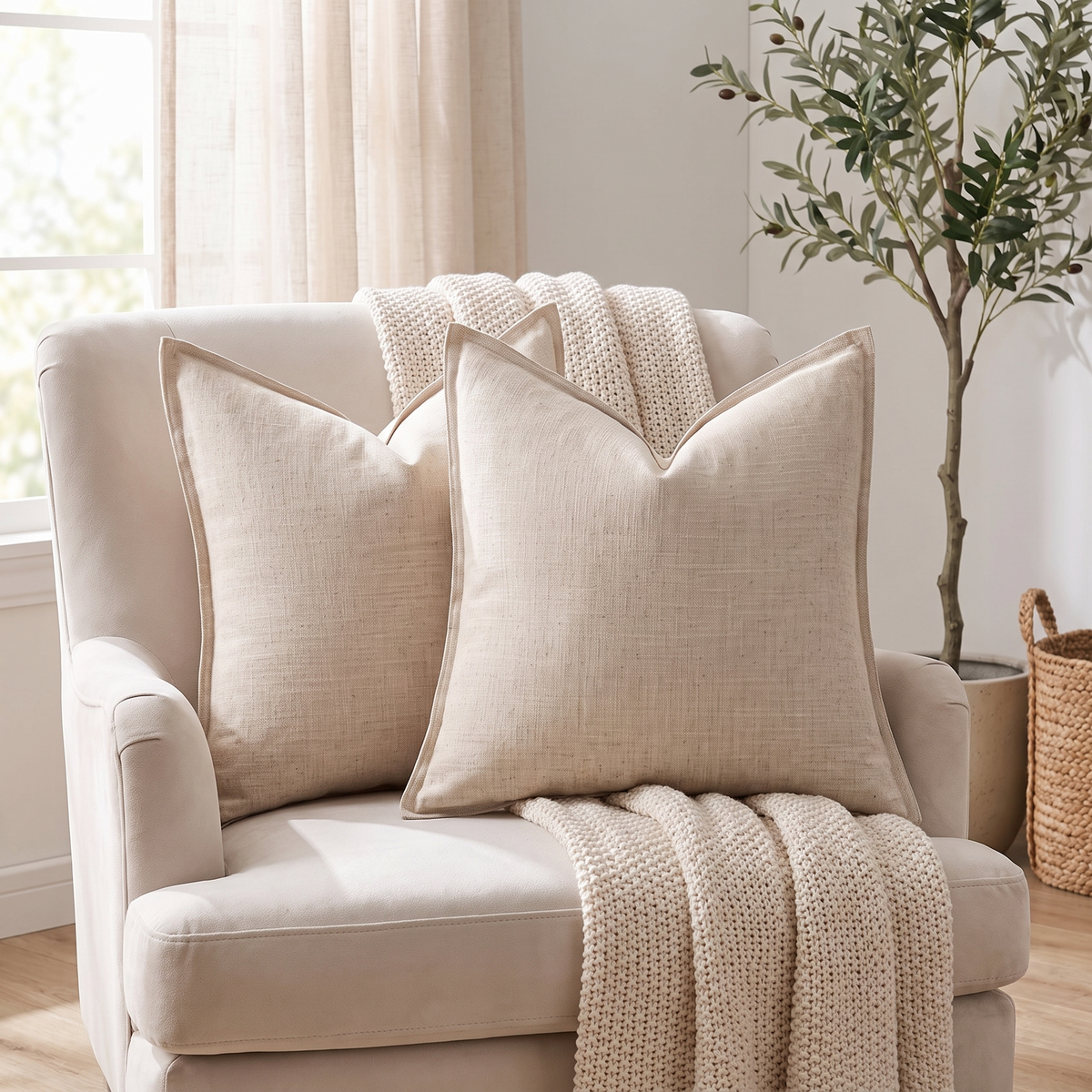 Natural Linen Cushion Cover – Beige – styled on an armchair