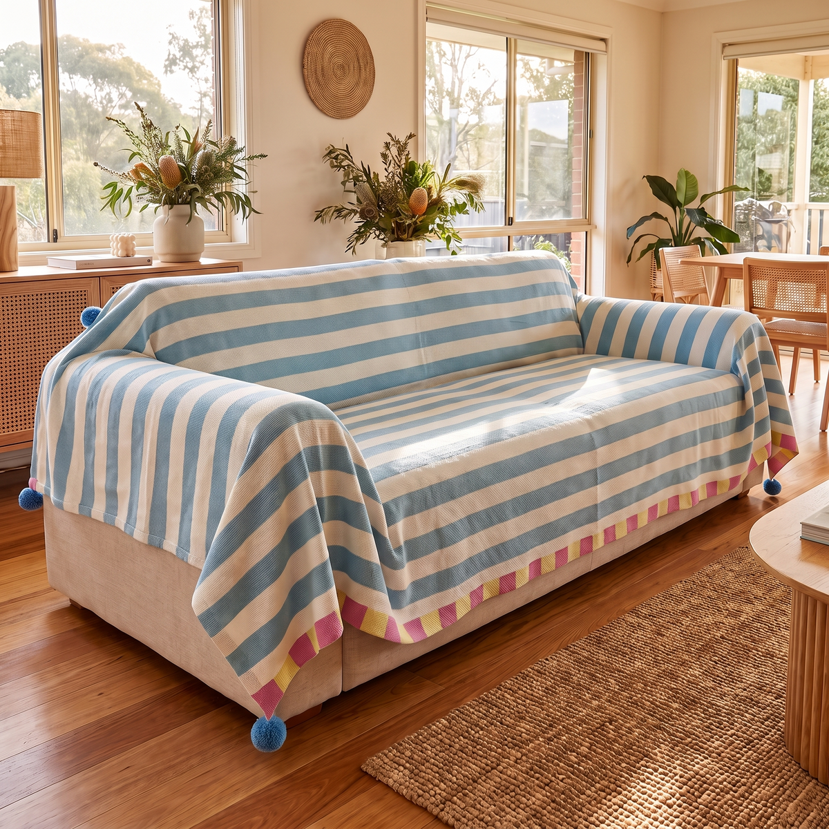 Pastel Striped Couch Cover – Atelier – three-quarter view showing fit
