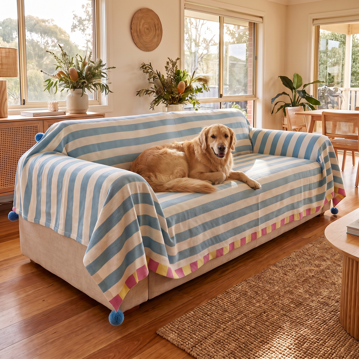 Pastel Striped Couch Cover – Atelier – with a dog on the sofa