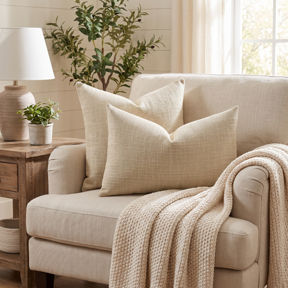 Linen Lumbar Cushion Cover – Light Tan – styled on an armchair