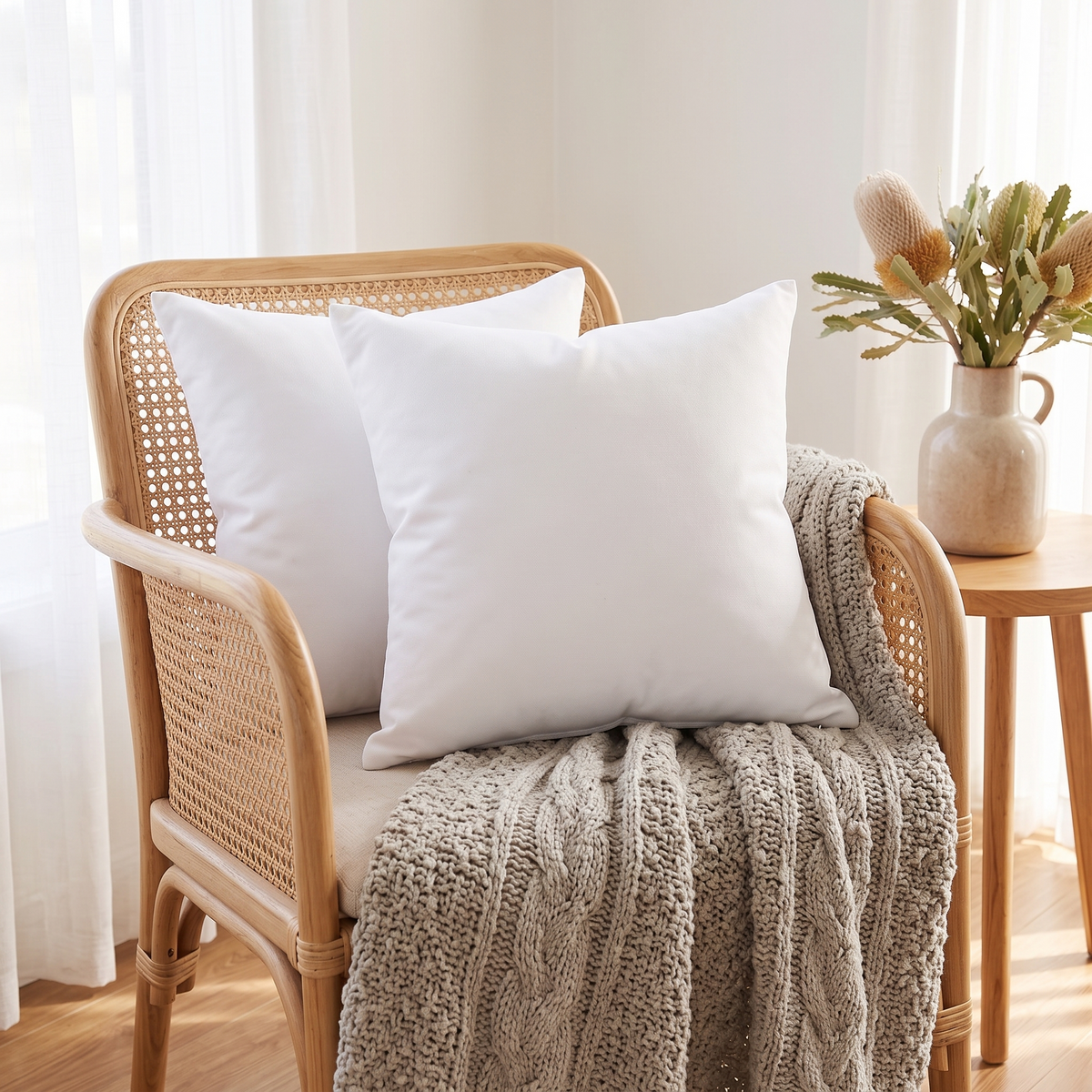 Cotton Linen Cushion Cover – White – styled on an armchair