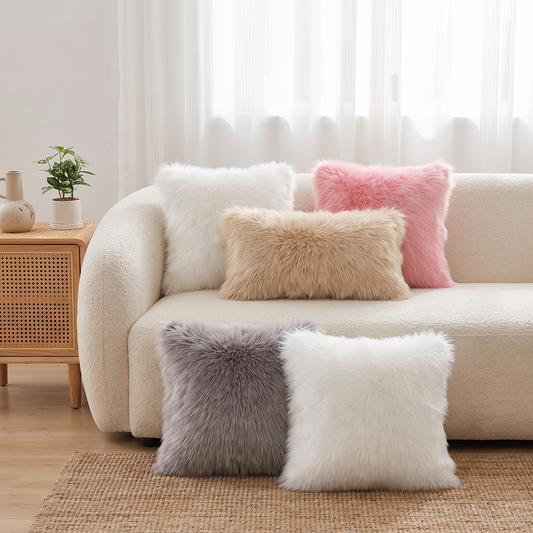Fluffy Faux Fur Cushion Cover – Ivory – styled on a sofa