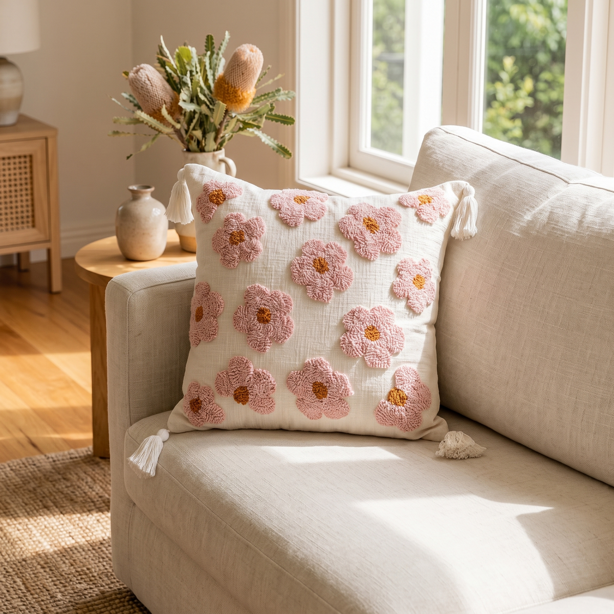 Tufted Rosy Bloom Cushion Cover – Pink – styled on a sofa
