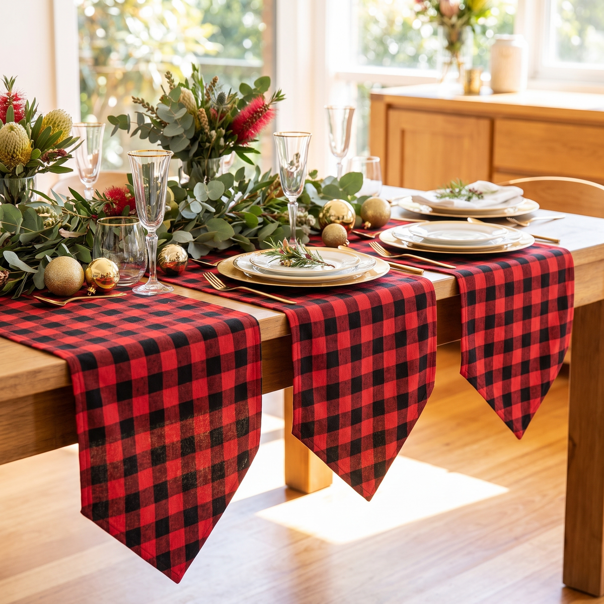 Buffalo Check Christmas Table Runner – Red & Black – styled on a dining table