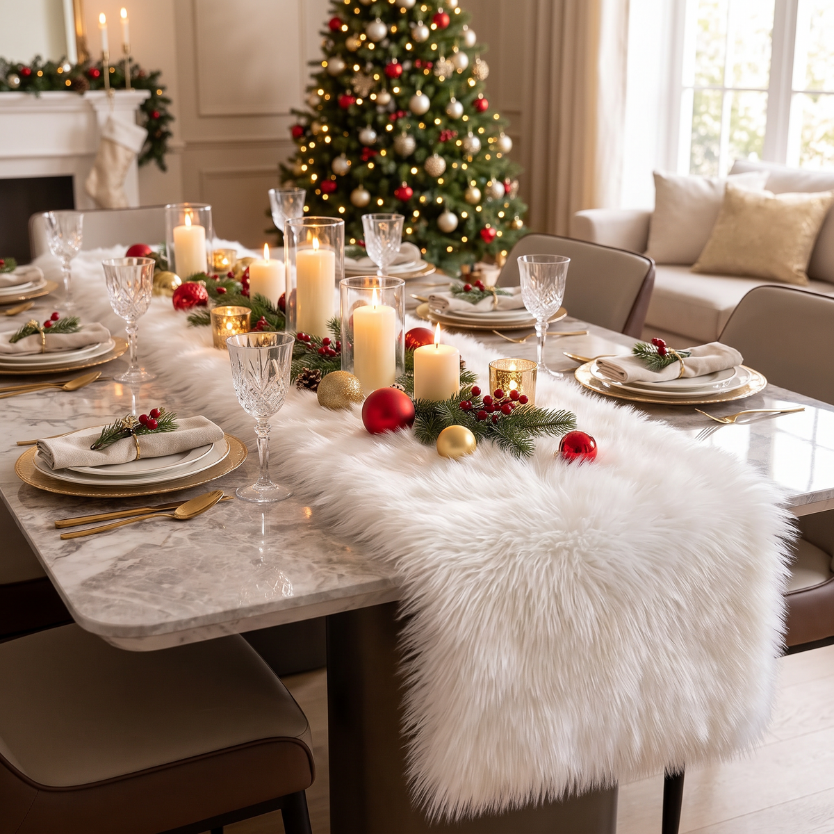 Faux Fur Christmas Table Runner – White – styled on a dining table
