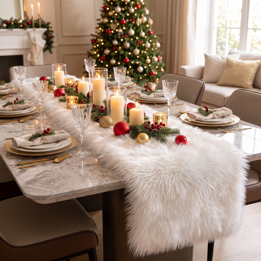 Faux Fur Christmas Table Runner – White – styled on a dining table