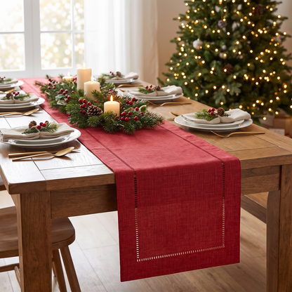 Linen Hemstitch Christmas Table Runner – Red – styled on a dining table