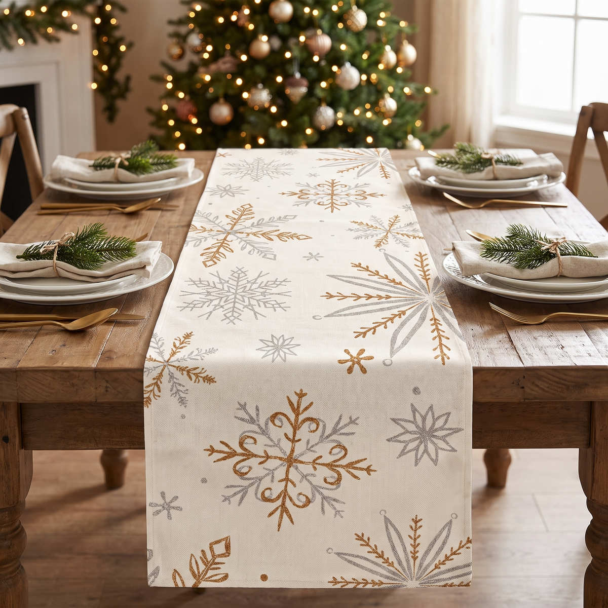 Snowflake Christmas Table Runner – White – styled on a dining table