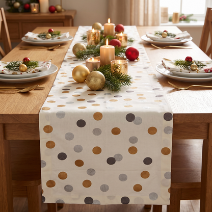 Metallic Confetti Christmas Table Runner – Silver & Gold – styled on a dining table