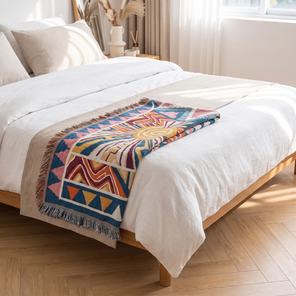 Nordic Sunburst Cotton Throw Blanket – folded on a bed