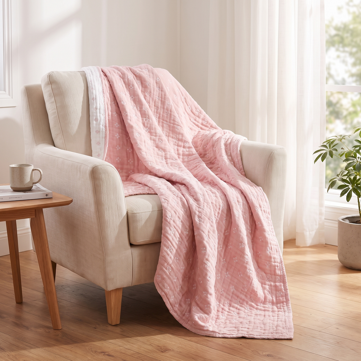 Diamond Dot Cotton Throw Blanket – draped over an armchair