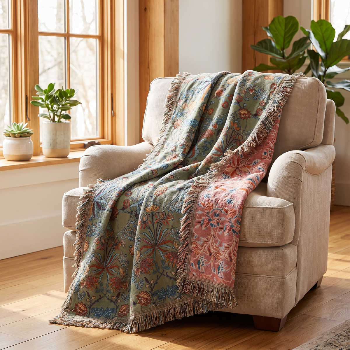 Wild Petal Pure Cotton Reversible Throw Blanket – draped over an armchair