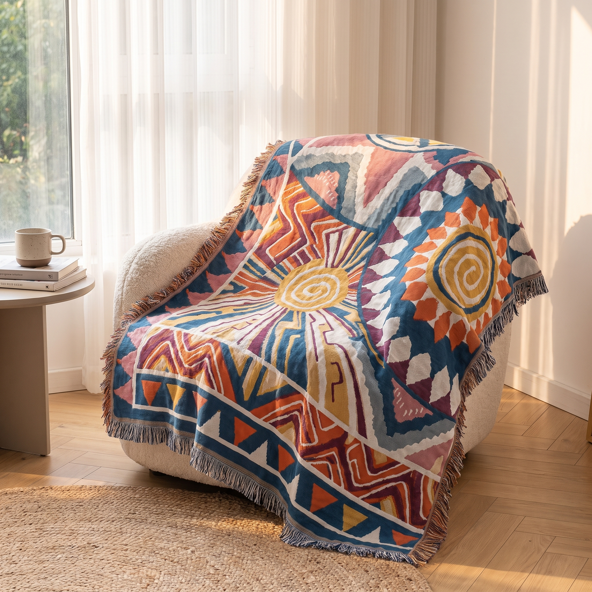 Nordic Sunburst Cotton Throw Blanket – draped over an armchair