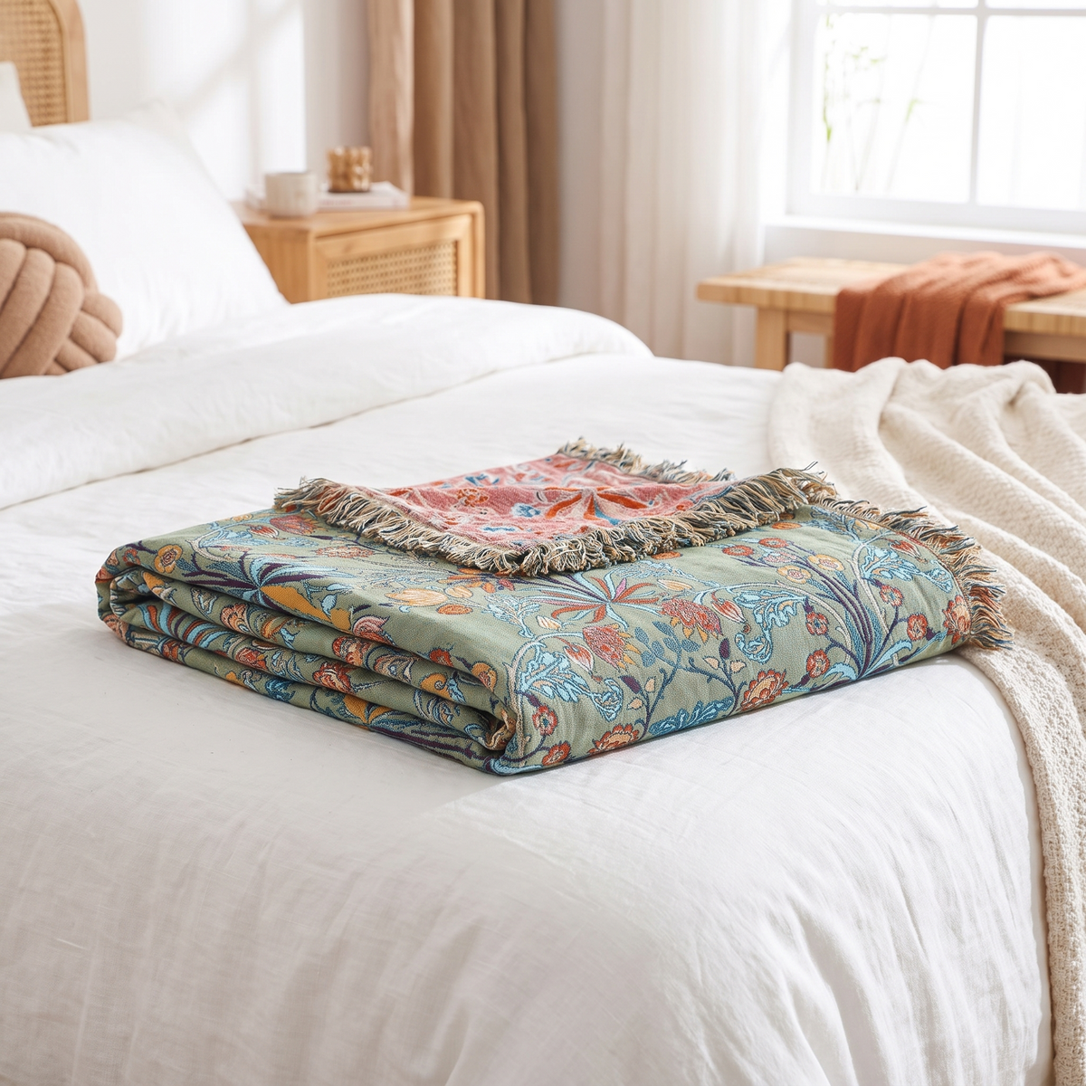 Wild Petal Pure Cotton Reversible Throw Blanket – folded on a bed