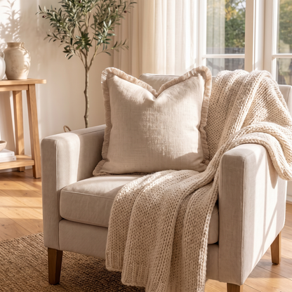 Linen Tassel Cushion Cover – Beige – styled on an armchair