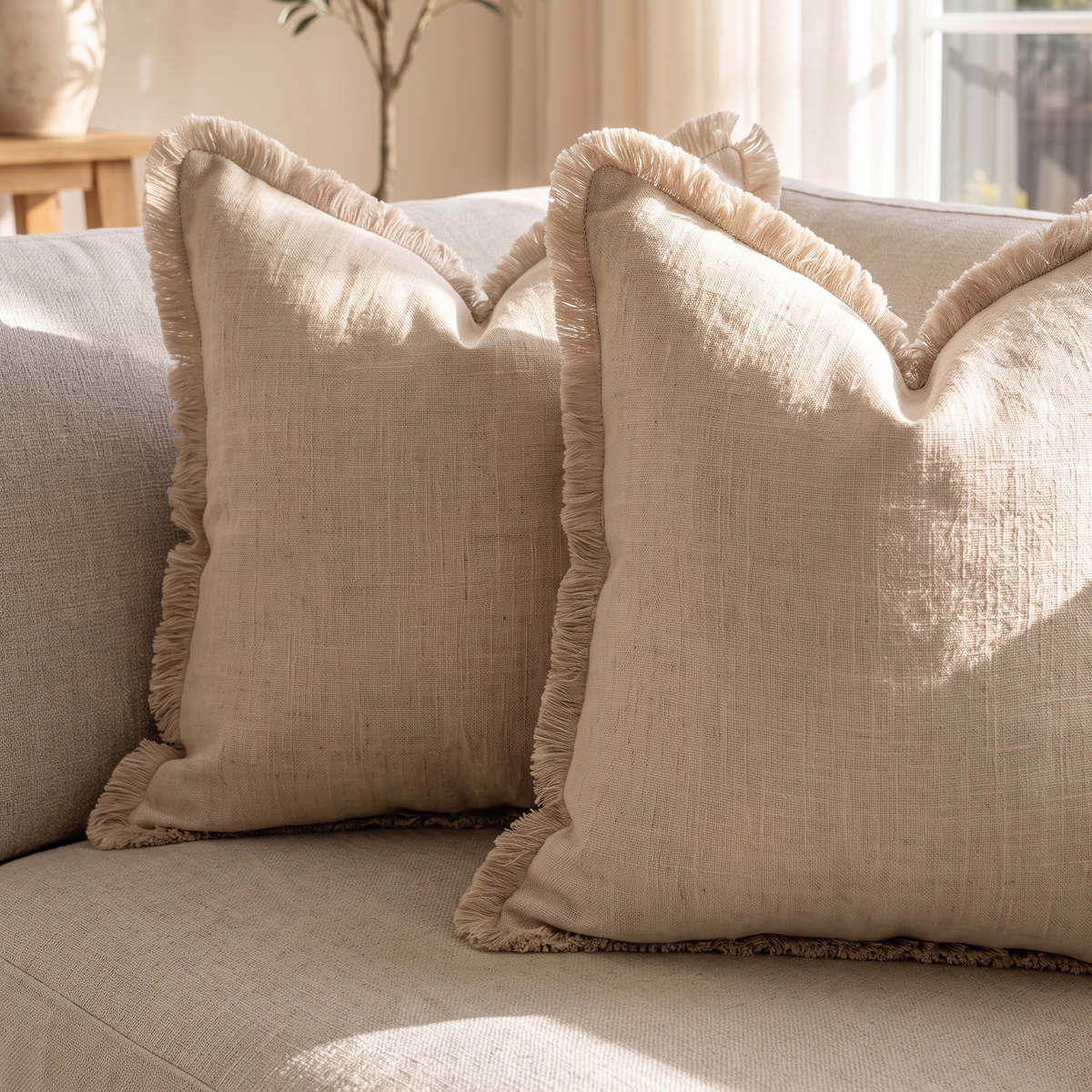 Linen Tassel Cushion Cover – Beige – pattern and fabric close-up