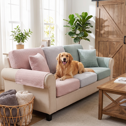 Velvet Jacquard Stretch Dining Chair Cover – with a dog on the sofa