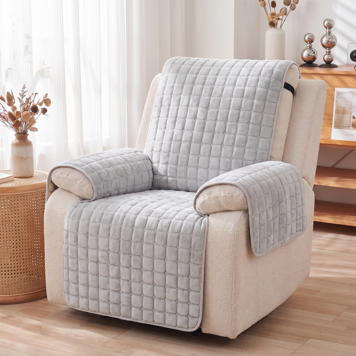 Grid Quilted Recliner Cover – three-quarter view showing fit