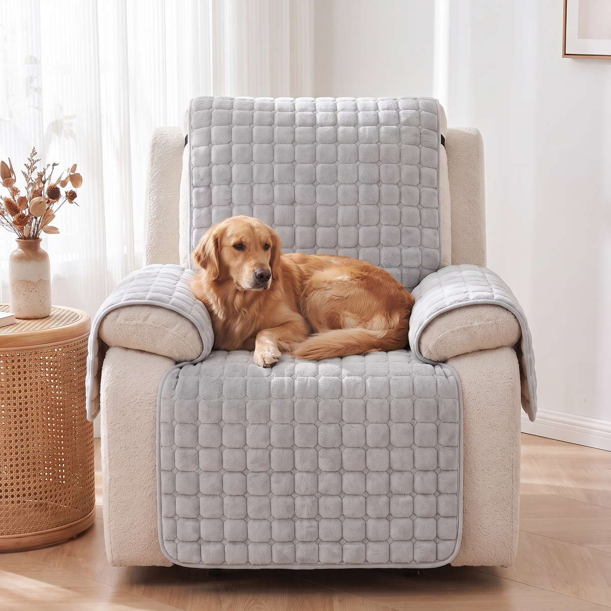 Grid Quilted Recliner Cover – with a dog on the sofa