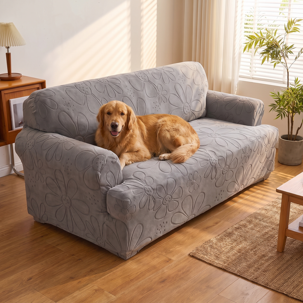 Daisy Print Stretch Dining Chair Cover – with a dog on the sofa