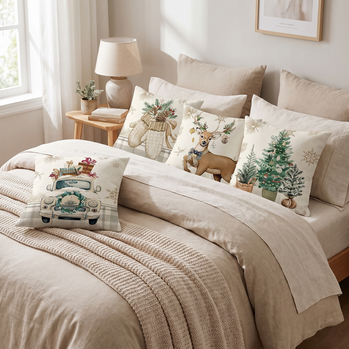 Nordic Reindeer Christmas Cushion Covers – Set of 4 – styled on a bed