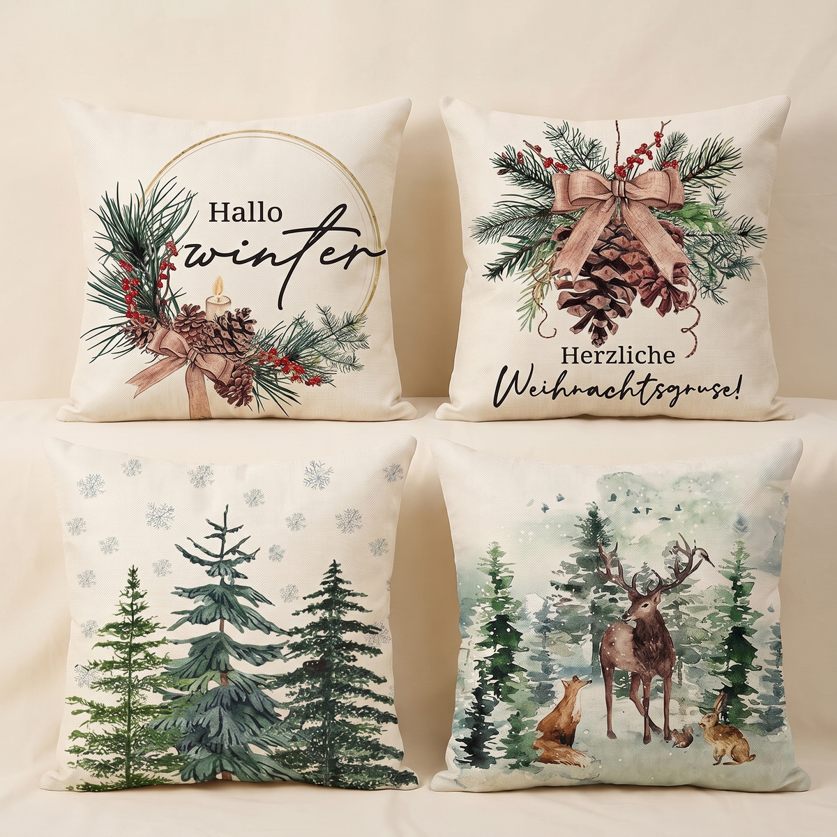 Classic Christmas Cushion Covers – Set of 4 – all designs side by side