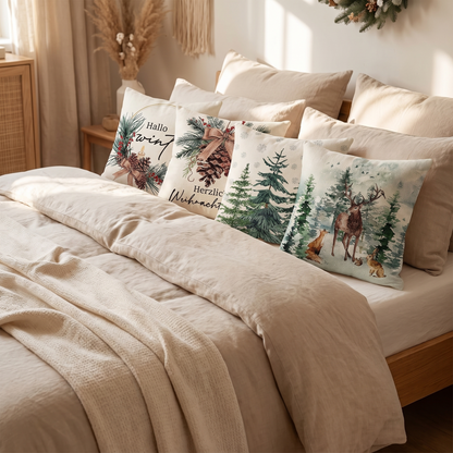 Classic Christmas Cushion Covers – Set of 4 – styled on a bed