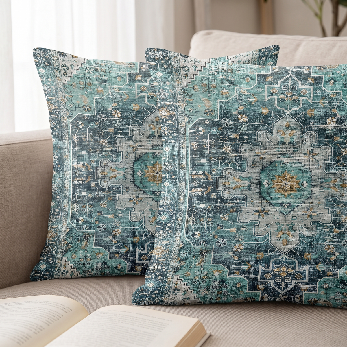 Boho Carpet Print Outdoor Cushion Cover – Cyan – pattern and fabric close-up