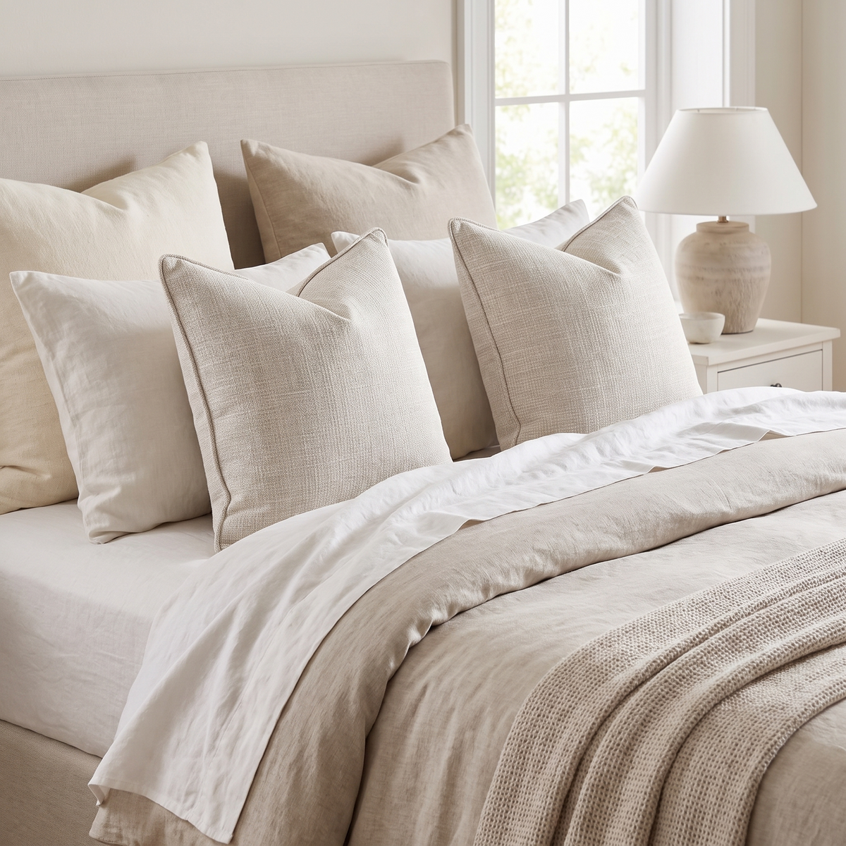 Waterproof Outdoor Cushion Cover – Beige – styled on a bed
