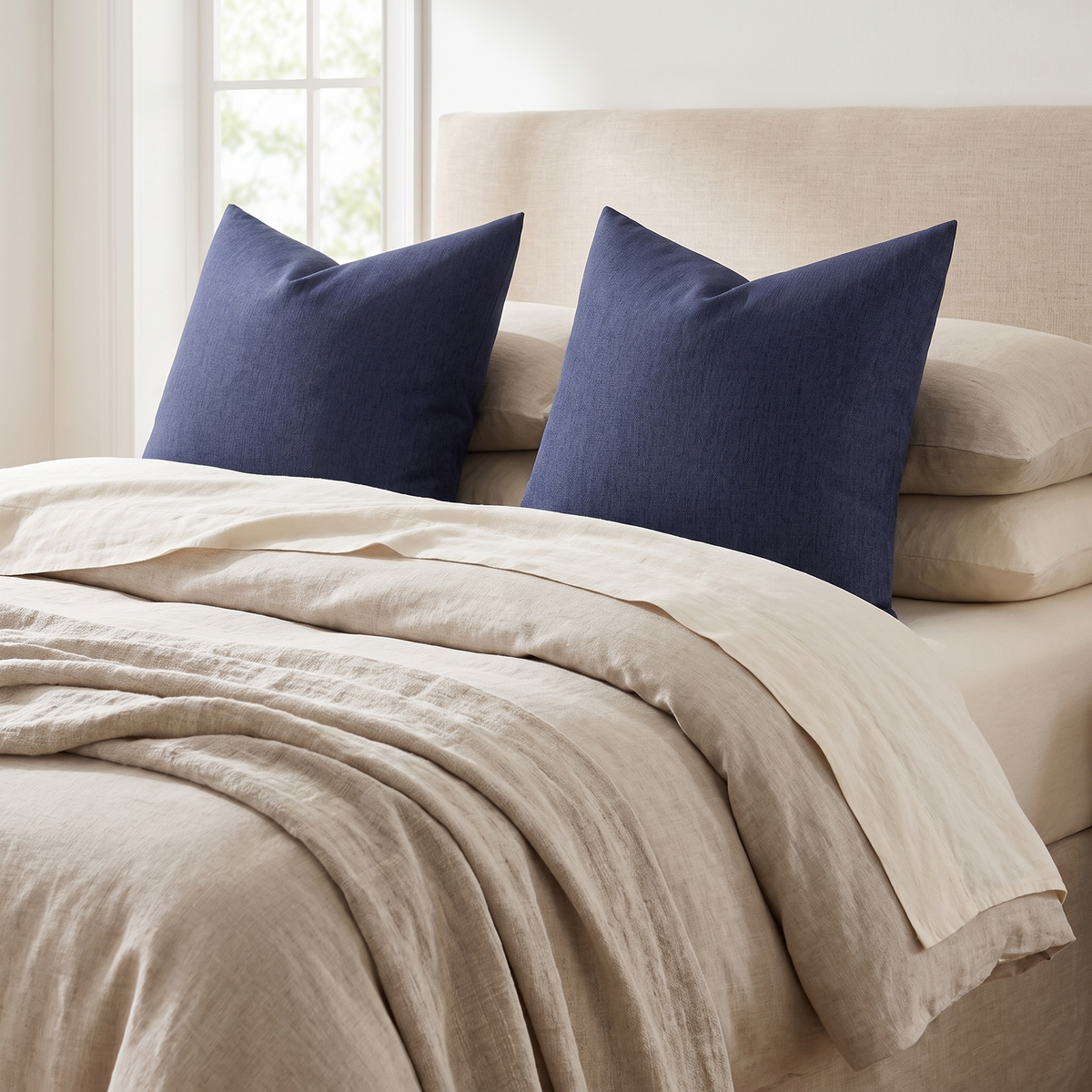 Waterproof Outdoor Cushion Cover – Navy – styled on a bed