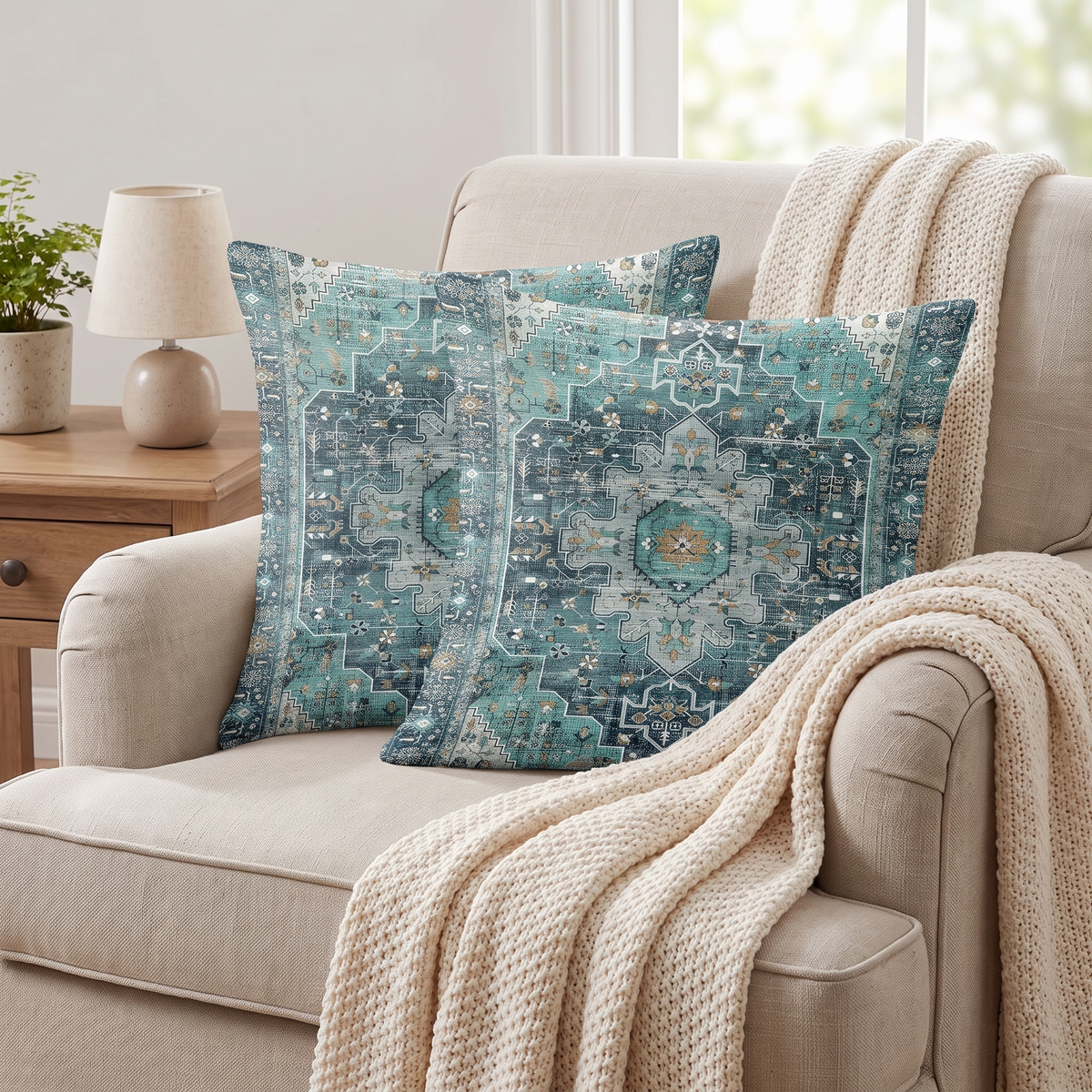 Boho Carpet Print Outdoor Cushion Cover – Cyan – styled on an armchair