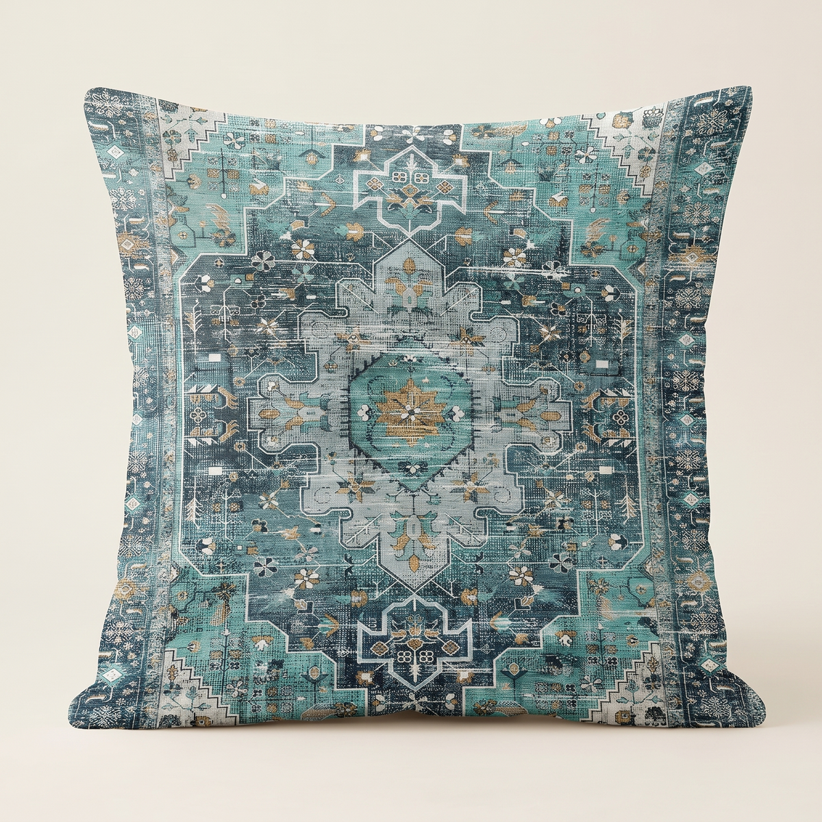Boho Carpet Print Outdoor Cushion Cover – Cyan – front view