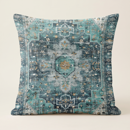 Boho Carpet Print Outdoor Cushion Cover – Cyan – front view