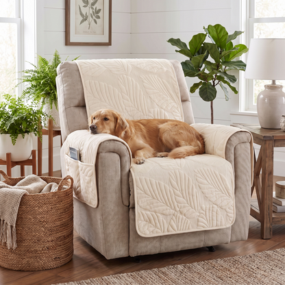 Leaf Pattern Stretch Recliner Cover – Green – with a dog on the sofa