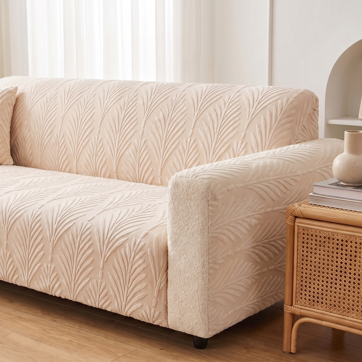 Elastic Jacquard Chair Cover – Textured Weave – three-quarter view showing fit