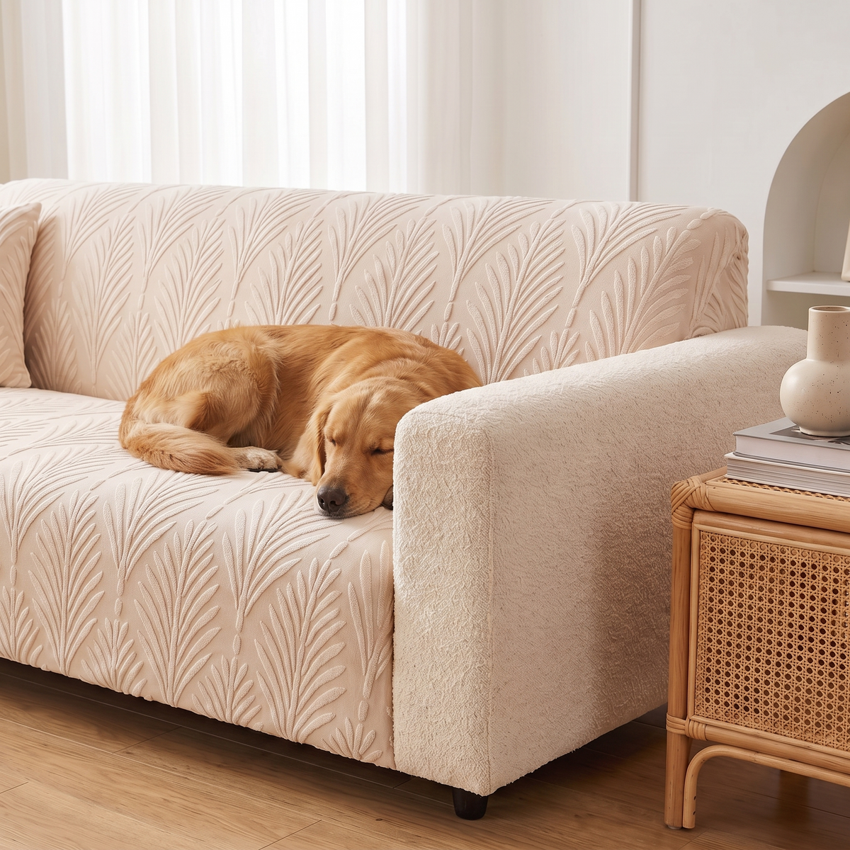 Elastic Jacquard Chair Cover – Textured Weave – with a dog on the sofa