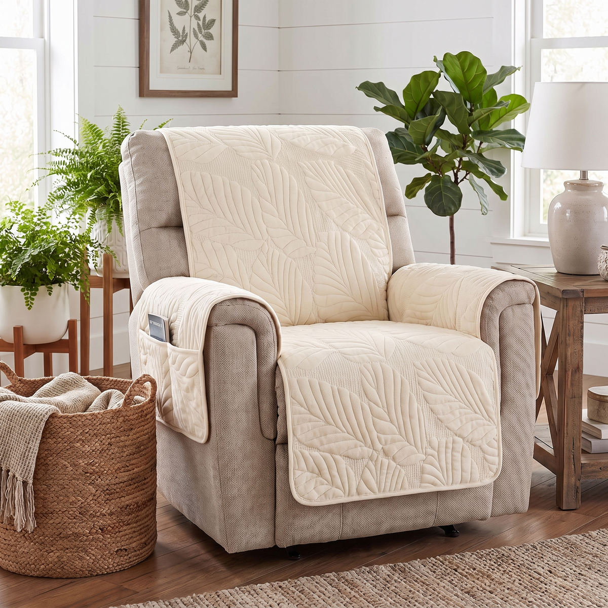 Leaf Pattern Stretch Recliner Cover – Green – three-quarter view showing fit